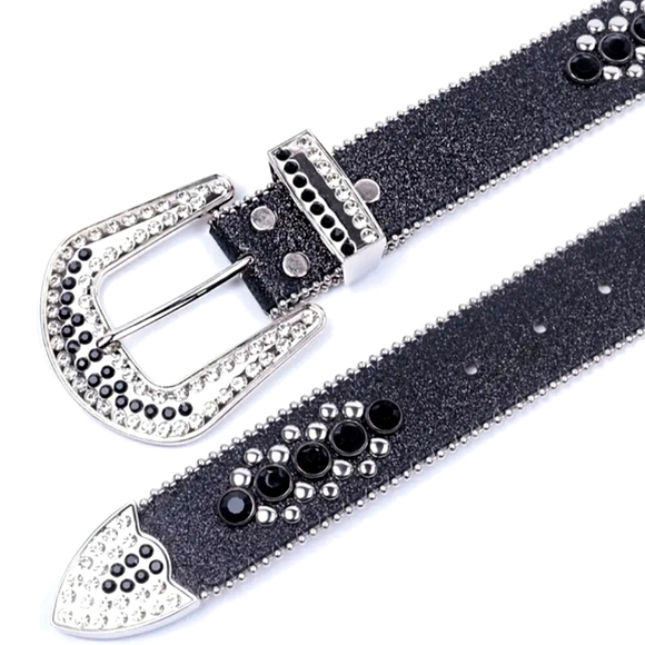 Womens Black & Silver Skull Moto Biker Western Silver Stud Rhinestone Bling Belt - Picture 2 of 11